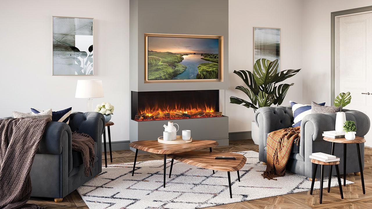 LOVESE Furniture Shop -LOVESE Furniture Shop eReflex 150RW with log Fuel Effect Shown as 3 Sided Installation ER15008